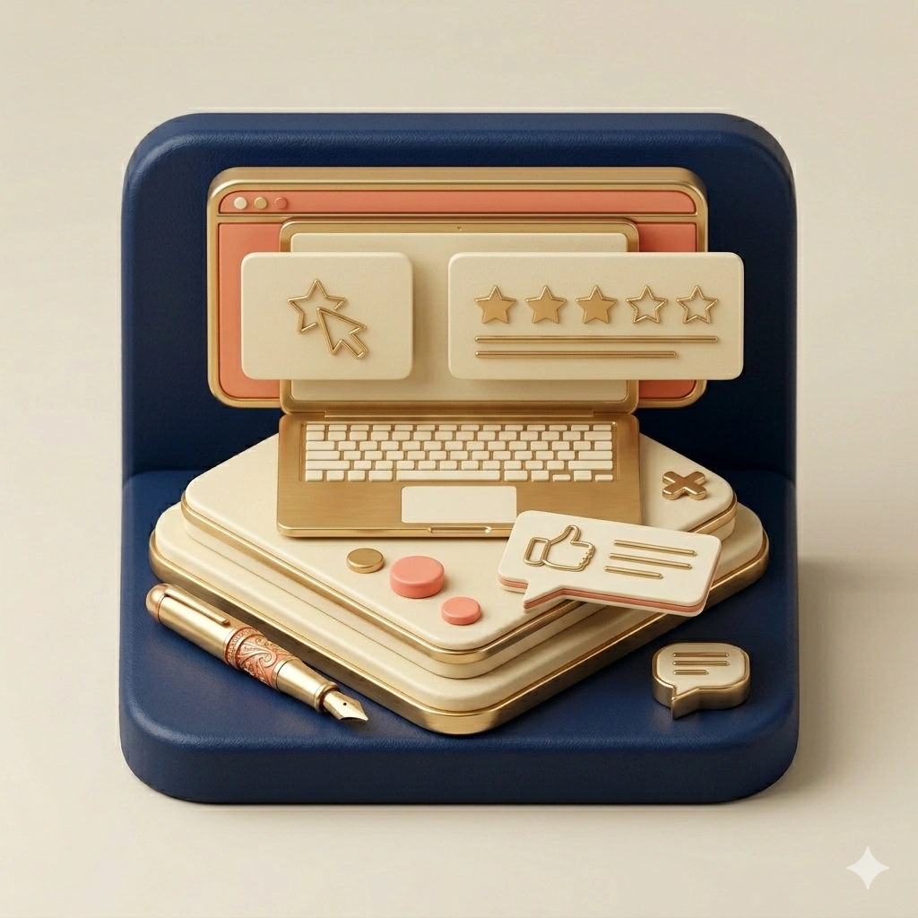Writing review icon with laptop, star rating, and review cards